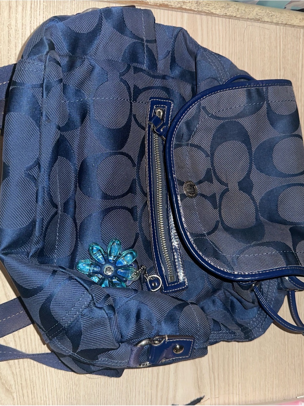 Coach Navy Signature Backpack with Blue Floral Charm